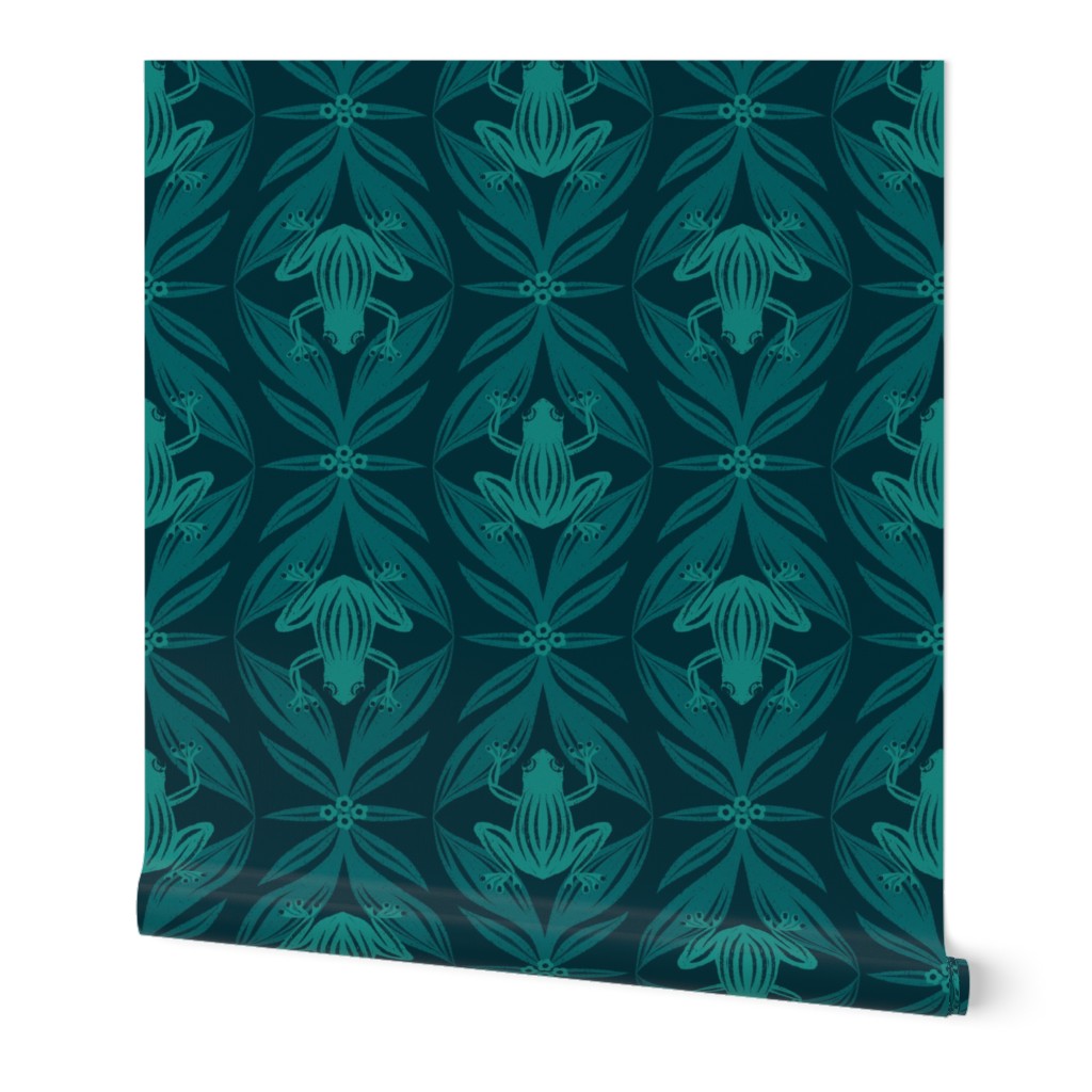 Whimsical Frogs on Leaves in Dark Teal Blue Green Medium