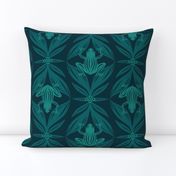 Whimsical Frogs on Leaves in Dark Teal Blue Green Medium