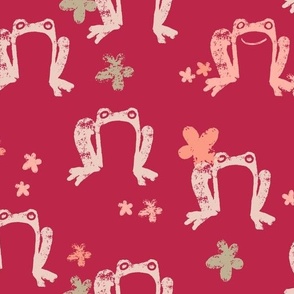 Cute Painted Frogs and Flowers in Crimson, Pantone Peach, and Soft Pink (Large)_B2400801C