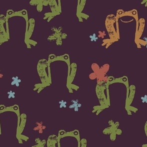 Cute Painted Frogs and Flowers in Dark Green on a Rich Brown Background (Large)_B2400801E