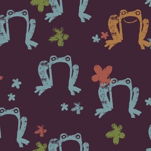 Cute Painted Frogs and Flowers in Dusky Blue on a Rich Brown Background (Large)_B2400801F