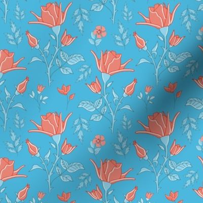 traditional english roses with leaves and thorns on sky blue | small