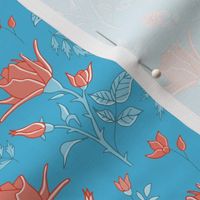 traditional english roses with leaves and thorns on sky blue | small