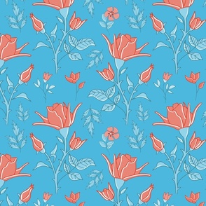  traditional english roses with leaves and thorns on sky blue | large