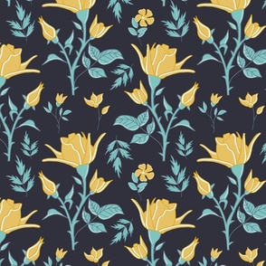 yellow roses with leaves and thorns on midnight blue | large