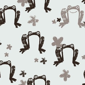 Cute Painted Frogs and Flowers in Soft Black and Gray on a White Background (Large)_B2400801H