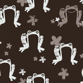 Cute Painted Frogs and Flowers in Gray and White on a Black Background (Large)_B2400801I