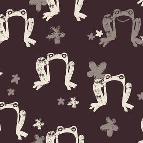 Cute Painted Frogs and Flowers in Gray and Cream on a Soft Black Background (Large)_B2400801J