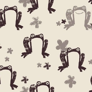 Cute Painted Frogs and Flowers in Gray and Soft Black on a Cream Background (Large)_B2400801K