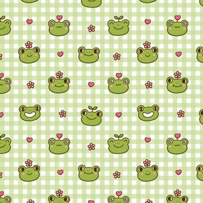 Funny cartoon frogs on Gingham green check