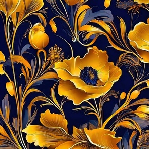 Large scale 3D gold flowers and blue background