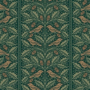 Birds and Acorns Stripe | Medium Scale | Arts and Crafts Dark Forest Green and Brown