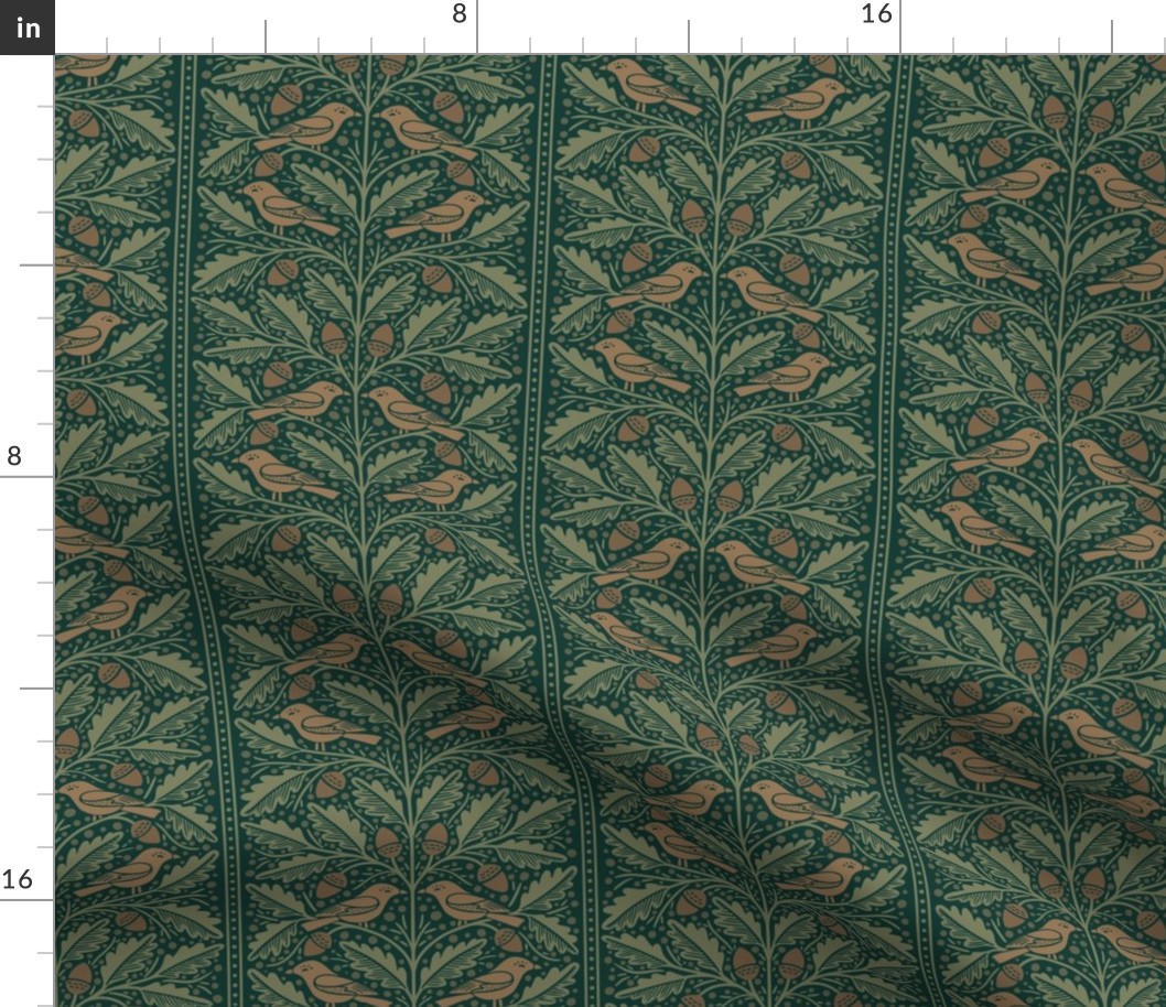 Birds and Acorns Stripe | Medium Scale | Arts and Crafts Dark Forest Green and Brown