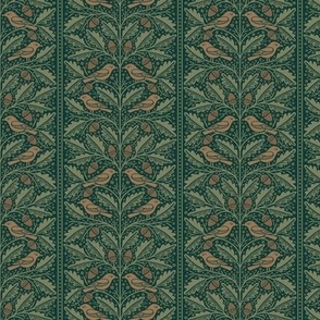 Birds and Acorns Stripe | Small Scale | Arts and Crafts Dark Forest Green and Brown