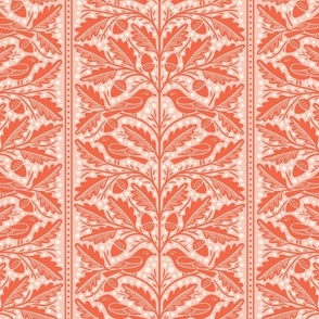 Birds and Acorns Stripe | Medium Scale | Arts and Crafts Orange-Red & Peachy Pink