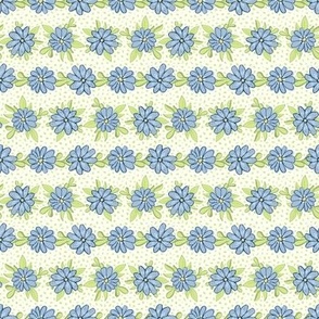 Tiny Soft Blue and Green Floral Stripes with Dots Cottagecore