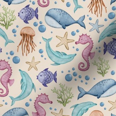 Whimsical underwater watercolor ocean animals small