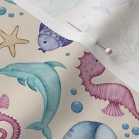 Whimsical underwater watercolor ocean animals small