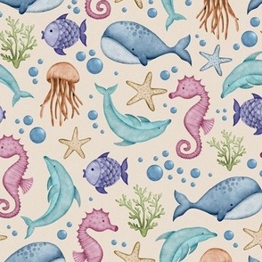 Whimsical underwater watercolor ocean animals small