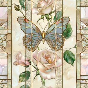 Large Watercolor Stained Glass Elegant Butterfly and Roses