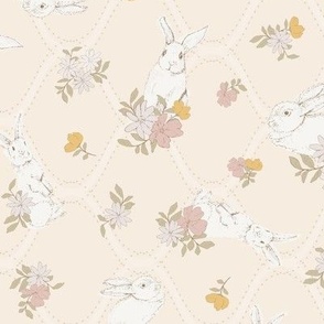 (M) Watercolor Easter Bunnies with spring flowers peach background
