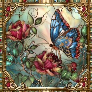 Large Watercolor Stained Glass Regal Blue Butterfly and Red Roses