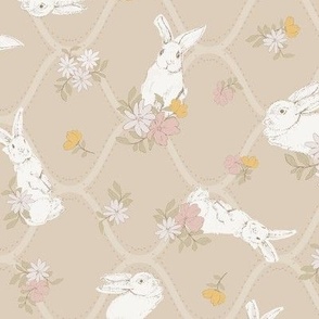 (M) Watercolor Easter Bunnies with spring flowers beige background