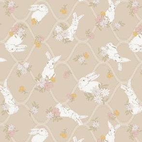 (S) Watercolor Easter Bunnies with spring flowers beige background