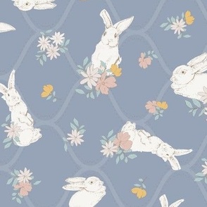(M) Watercolor Easter Bunnies with spring flowers blue background