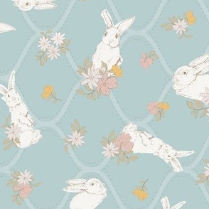 (M) Watercolor Easter Bunnies with spring flowers turquoise background