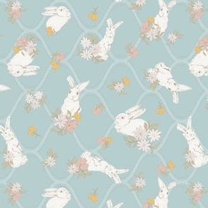 (S) Watercolor Easter Bunnies with spring flowers turquoise background