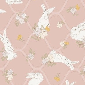 (M) Watercolor Easter Bunnies with spring flowers pink background