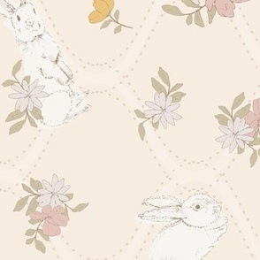 (L) Watercolor Easter Bunnies with spring flowers peach background