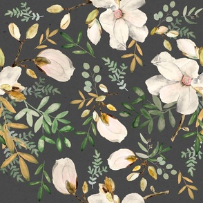 Large White Dark Grey and Gold / Green Magnolia / Watercolor