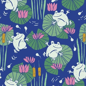 Leap Frog Leap - Lily Pads Pond Life - Jumping Frogs and Baby Tadpoles - Cattails and Water Lily - Dark Navy (Medium)