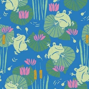 Leap Frog Leap - Lily Pads Pond Life - Jumping Frogs and Baby Tadpoles - Cattails and Water Lily - Pond Blue x Green (Medium)