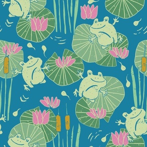 Leap Frog Leap - Lily Pads Pond Life - Jumping Frogs and Baby Tadpoles - Cattails and Water Lily - Pond Green x Blue (Medium)