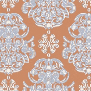 Traditional Damask Heirloom roses vintage faded orange and blue