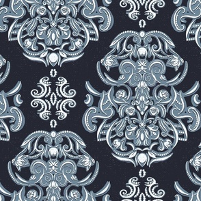 Traditional Damask Heirloom roses in soft blues on navy background