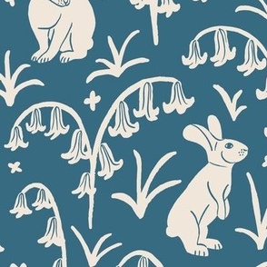 (L) Woodland Bunnies and Bluebells - Cute Hand Drawn White Rabbits on a Denim Blue Floral Background