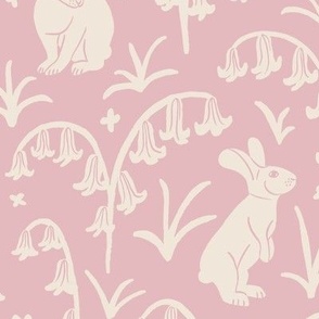 (L) Woodland Bunnies and Bluebells - Cute Hand Drawn White Rabbits on a Pink Floral Background