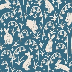 (M) Woodland Bunnies and Bluebells - Cute Hand Drawn White Rabbits on a Denim Blue Floral Background