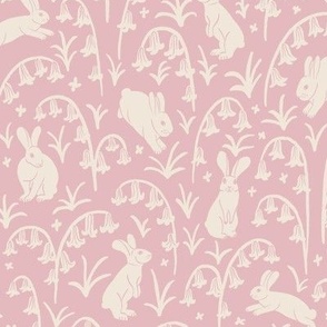 (M) Woodland Bunnies and Bluebells - Cute Hand Drawn White Rabbits on a Pink Floral Background