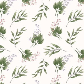 watercolor olive branches and sage flowers on cream