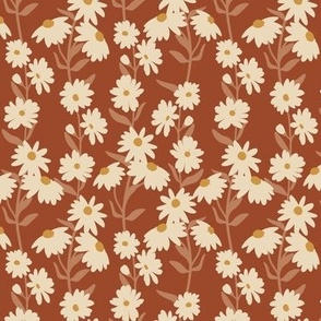 Boho Blossom Daisies garden - Seventies style flowers brown ivory yellow vintage red