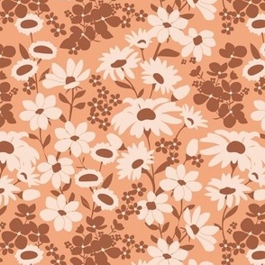 Boho Wildflower garden - Seventies vintage style flowers brown ivory on moody coral