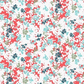 Scattered poppy flowers in blue, green, and white on red background