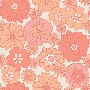 Retro Garden Floral in Pantone Peach Fuzz, medium | groovy pink and peach illustrated flower power print on cream background
