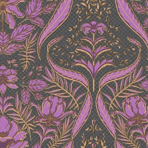 Traditional Damask Victorian Tulips magenta purple botanical