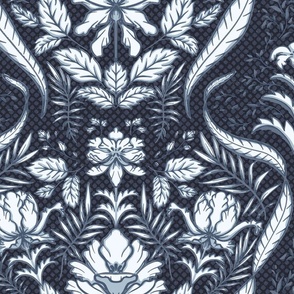 Traditional Damask Victorian Tulips dark blue botanical